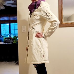 BlendShe Ivory White Hooded Long Jacket Trench Coat Buttoned Zipper Danish